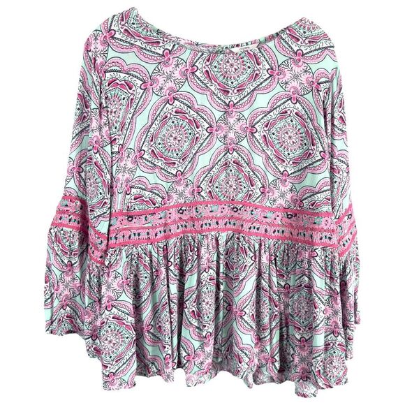 Crown Ivy‎ Plus Size 0X Top Pink Green Peplum Hem Embroidered Bell Sleeves 1228 - Picture 1 of 9
